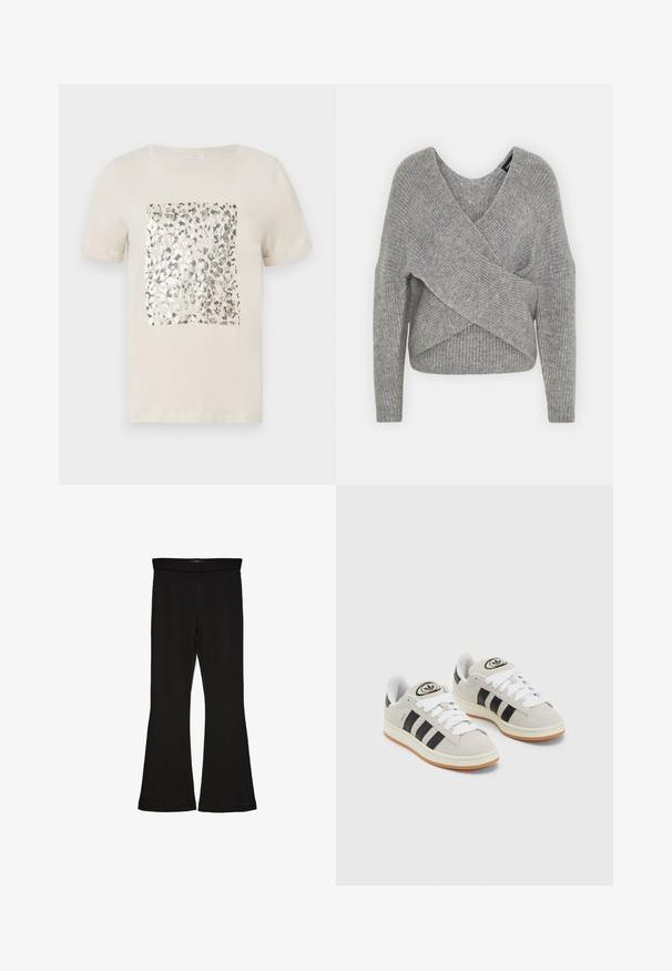 Pelēka apvalka džemperis ar dziļu V veida kakla izgriezumu, garām piedurknēm un ribu tekstūru. Izgatavots no mīksta adījuma materiāla ar slāņotu, asimetrisku dizainu.; Beidzīga īsām piedurknēm T-kreklu ar kvadrātveida sudraba dzīvnieku druku centrā. Mīksts kokvilnas audums, klasiskā apaļā kakla izgriezums.; Melnas flared leggings, kas izgatavotas no stiepjama auduma. Iezīmējas ar platu jostasvietu un gludu tekstūru, ar pieguļošu siluetu, kas paplašinās pie apakšmalas.; Pelēkas zamšādas kedas ar baltām saites, melnām svītrām un baltu gumijas zoli. Raksturīga apļa logo uz mēles un gumijas zole.