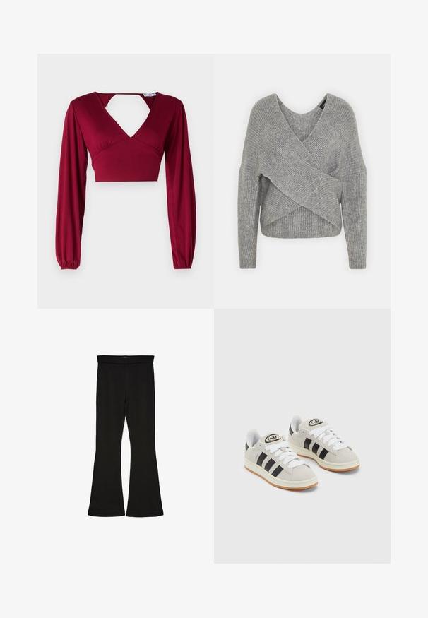 Šedý svetr s volnějším V-výstřihem, dlouhými rukávy a žebrovanou strukturou. Vyrobeno z měkké pleteniny s vrstveným, asymetrickým designem.; Burgundské croptop s dlouhými rukávy a hlubokým výstřihem do V. Obsahuje vykrojení na zádech a sešití na ramenech. Hladká textura.; Černé legíny s rozšířením vyrobené z elastického materiálu. Mají široký pás a hladkou strukturu, s přiléhavým střihem, který se na lemu rozšiřuje.; Šedé semišové tenisky s bílými tkaničkami, černými pruhy a bílou gumovou podrážkou. Mají kulaté logo na jazyku a gumovou podrážku.