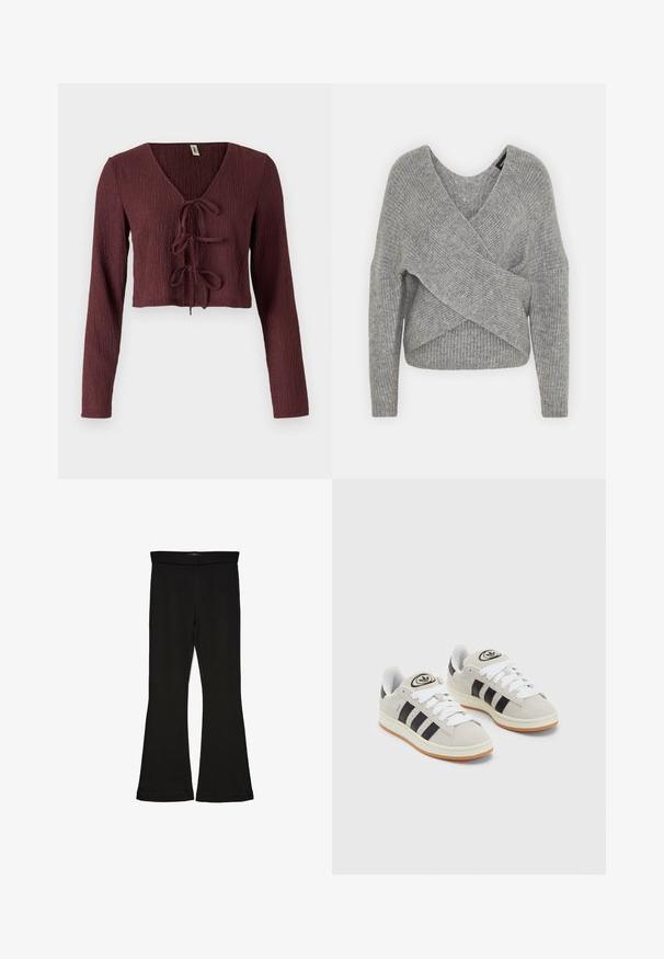 Pullover griș cu un decolteu adânc în V, mâneci lungi și textură cu ochiuri. Fabricat dintr-un material tricotat moale, cu un design stratificat și asimetric.; Top scurt, cu mânecă lungă, de culoare burgundy, realizat dintr-un material texturat, cu un decolteu adânc în V și un detaliu cu tie în față. Are un design ajustat.; Leggings negre cu tiv evazat, realizate dintr-un material elastic. Au o talie largă și o textură fină, cu o siluetă ajustată care se lărgește la tiv.; Adidași din suede gri cu șireți albi, dungi negre și talpă din cauciuc alb. Prezintă un logo circular pe limbă și o talpă din cauciuc.