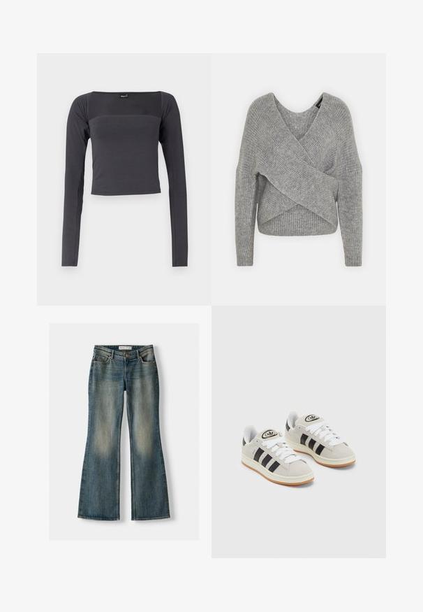 Grijze wikkeltrui met een diepe V-hals, lange mouwen en ribbelstructuur. Gemaakt van een zachte gebreide stof met een gelaagd, asymmetrisch ontwerp.; Langemouwige, cropped top van donkergrijze stof met een gladde textuur. Heeft een vierkante halslijn en een aansluitend ontwerp.; Blauwe uitlopende spijkerbroek met een vervaagde wassing, vijf zakken en een knoopsluiting. Het materiaal heeft een denim textuur met subtiele stikseldetails.; Grijze nubucklederen sneakers met witte veters, zwarte strepen en een witte rubberen zool. Bevat een rond logo op de tong en een gumzool.
