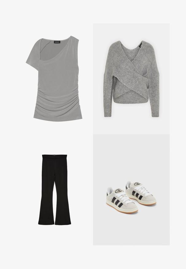 Grau umwickelter Pullover mit tiefem V-Ausschnitt, langen Ärmeln und gerippter Textur. Hergestellt aus einem weichen Strickmaterial mit einem geschichteten, asymmetrischen Design.; Graues Kurzarmoberteil mit asymmetrischem Design, geraffter Textur an der Seite und rundem Ausschnitt. Hergestellt aus weichem, elastischem Material.; Schwarze Schlagleggings aus dehnbarem Stoff. Sie verfügen über einen breiten Bund und eine glatte Textur, mit einer enganliegenden Silhouette, die am Saum ausgestellt ist.; Graue Wildledersneaker mit weißen Schnürsenkeln, schwarzen Streifen und einer weißen Gummisohle. Merkmale sind ein kreisförmiges Logo auf der Zunge und eine Gummisohle.