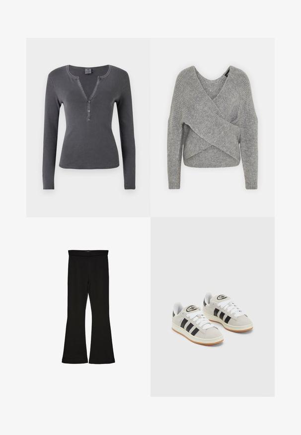 Grå omslagströja med djup V-ringning, långa ärmar och ribbad struktur. Tillverkad av ett mjukt stickat material med en lager-på-lager, asymmetrisk design.; Mörkgrå ribbad topp med lång ärm och V-ringning, tre-knappsläppning och kroppsnära passform. Mjuk, slät textur med minimal sömnad.; Svarta flare leggings tillverkade av elastisk tyg. Har en bred midja och en slät yta, med en åtsittande silhuett som flares vid fållen.; Grå mocka sneakers med vita snören, svarta ränder och en vit gummisula. Har en rund logo på tungan och en gummisula.