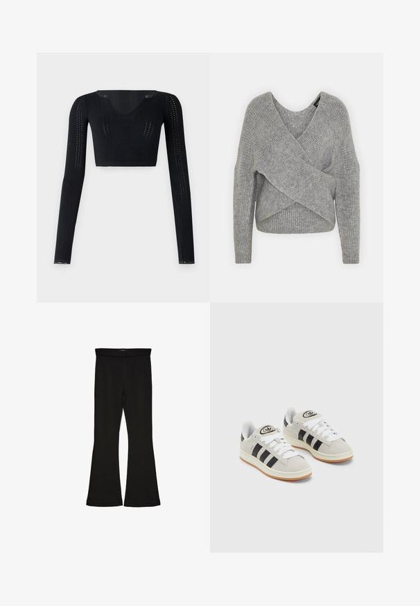 Szürke, mély V kivágású, hosszú ujjú kötött pulóver, bordás textúrával. Puha kötött anyagból készült, réteges, aszimmetrikus dizájnnal.; BDG Urban Outfitters GOING FOR GOLD POINTELLE - Hosszú ujjú felső - black; Fekete trapéz leggings rugalmas anyagból készült. Széles derékpánttal és sima textúrával rendelkezik, illeszkedő sziluettje van, amely a szegélyen kigyullad.; Szürke velúr sportcipők fehér fűzővel, fekete csíkokkal és fehér gumitalppal. A nyelvén kör alakú logó található, illetve a talpa színes gumi.
