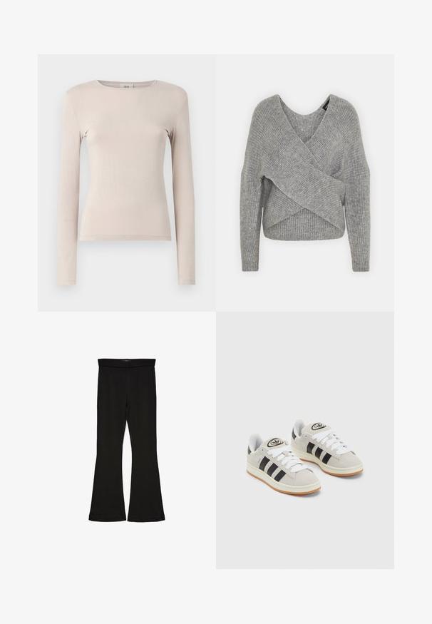 Szürke, mély V kivágású, hosszú ujjú kötött pulóver, bordás textúrával. Puha kötött anyagból készült, réteges, aszimmetrikus dizájnnal.; Hosszú ujjú, világos bézs felső, puha anyagból. Kerek nyakú és testhezálló fazonú, minimális varrási részletekkel.; Fekete trapéz leggings rugalmas anyagból készült. Széles derékpánttal és sima textúrával rendelkezik, illeszkedő sziluettje van, amely a szegélyen kigyullad.; Szürke velúr sportcipők fehér fűzővel, fekete csíkokkal és fehér gumitalppal. A nyelvén kör alakú logó található, illetve a talpa színes gumi.