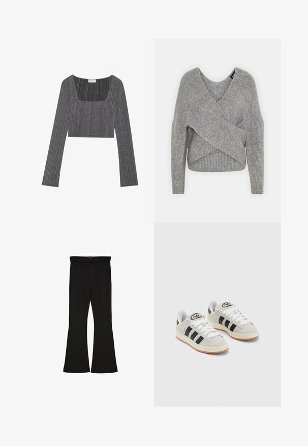 Sivý cardigan s hlbokým V- výstrihom, dlhými rukávmi a rebrovanou textúrou. Vyrobený z mäkkého pleteného materiálu s viacvrstvovým, asymetrickým dizajnom.; Sivý rebrovaný top s dlhými rukávmi a štvorcovým výstrihom s priliehajúcim strihom. Obsahuje textúrovanú tkaninu s vertikálnymi prúžkami a skrátenú dĺžku.; Čierne legíny s flared strihom vyrobené z elastického materiálu. Majú široký pás a hladkú textúru, s priliehavým siluetom, ktorý sa na okraji rozširuje.; Sivé semišové tenisky s bielymi šnúrkami, čiernymi pruhmi a bielou gumovou podrážkou. Obsahujú okrúhly logo na jazyku a gumenú podrážku.