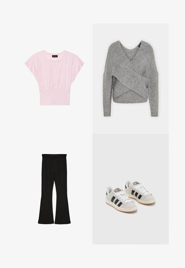 Grå omslagssweater med dyp V-hals, lange ermer og ribbestruktur. Laget av et mykt strikket materiale med et lagdelt, asymmetrisk design.; Rosa t-skjorte med korte ermer og rynket midje. Laget av mykt stoff, har rund hals og avslappet passform.; Sorte flared leggings laget av stretchy stoff. Har en bred midjebånd og en glatt tekstur, med en tettsittende silhuett som blir videre nedover.; Grå semsket sneakers med hvite lisser, svarte striper og en hvit gummisåle. Har en sirkulær logo på tungen og en gummisåle.