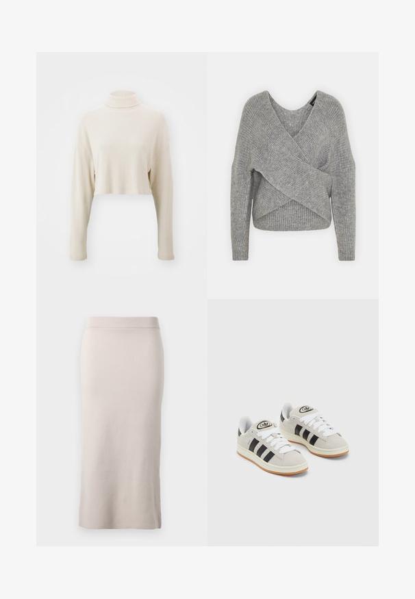 Siva omotana vestica s dubokim V-izrezom, dugim rukavima i rebrastom teksturom. Izrađena od mekog pletenog materijala s slojevitim, asimetričnim dizajnom.; Skraćeni pulover s turtleneck iz mekog bež rebrastog materijala, koji ima duge rukave i ležeran kroj, bez vidljivih uzoraka ili akcenta.; Pleteni olovni suknja u svijetlo bež boji, s rebrastim pojasom, uskim krojem i bočnim prorezom za lakše kretanje. Mekani tekstur, minimalistički dizajn.; Sive suede tenisice s bijelim vezicama, crnim prugama i bijelim gumiranim potplatom. Imaju kružni logo na jeziku i gumeni potplat.