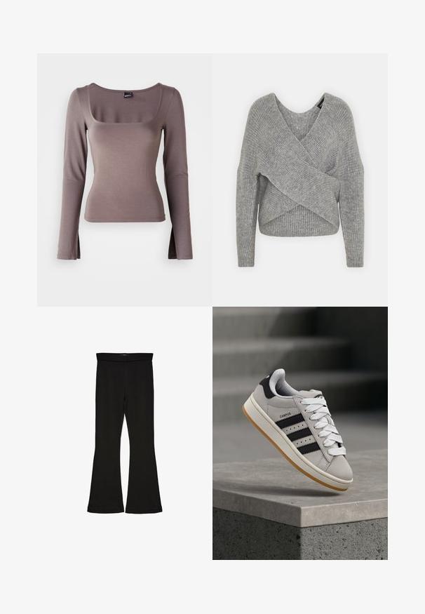 Grau umwickelter Pullover mit tiefem V-Ausschnitt, langen Ärmeln und gerippter Textur. Hergestellt aus einem weichen Strickmaterial mit einem geschichteten, asymmetrischen Design.; Langärmliges Oberteil aus weichem, braunem Stoff. Mit quadratischem Ausschnitt und seitlichen Schlitzen am Saum. Glatte Textur mit angepasstem Design.; Schwarze Schlagleggings aus dehnbarem Stoff. Sie verfügen über einen breiten Bund und eine glatte Textur, mit einer enganliegenden Silhouette, die am Saum ausgestellt ist.; Grauer Adidas Campus Sneaker mit schwarzen Streifen und weißen Schnürsenkeln, der über einer Betonmauer schwebt, mit Treppen im Hintergrund.