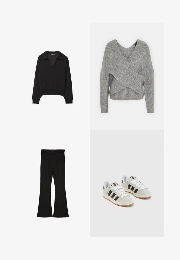 Szary sweter o luźnym kroju z głębokim dekoltem w kształcie litery V, długimi rękawami i prążkowaną teksturą. Wykonany z miękkiego materiału dzianinowego z warstwowym, asymetrycznym wzorem.; Czarna krótkia bluza z dekoltem w serek i dużym kołnierzem. Wykonana z gładkiego materiału, z długimi rękawami i dopasowanym pasem.; Czarne legginsy w stylu dzwonów wykonane z elastycznej tkaniny. Posiadają szeroki pas i gładką teksturę, z dopasowanym krojem, który rozszerza się ku dołowi.; Szare zamszowe trampki z białymi sznurówkami, czarnymi paskami i białą gumową podeszwą. Posiadają okrągłe logo na języku oraz gumową podeszwę.