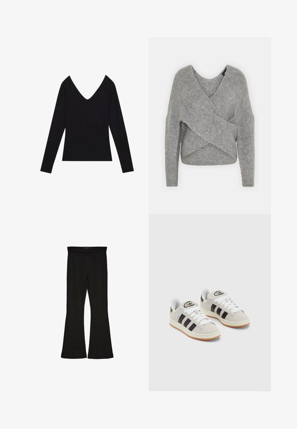 Grå omslagssweater med dyp V-hals, lange ermer og ribbestruktur. Laget av et mykt strikket materiale med et lagdelt, asymmetrisk design.; Svarte langermede topp med ribbet tekstur og dyp V-hals design, med tettsittende ermer og rett nederkant. Materialet er stretch-stoff.; Sorte flared leggings laget av stretchy stoff. Har en bred midjebånd og en glatt tekstur, med en tettsittende silhuett som blir videre nedover.; Grå semsket sneakers med hvite lisser, svarte striper og en hvit gummisåle. Har en sirkulær logo på tungen og en gummisåle.