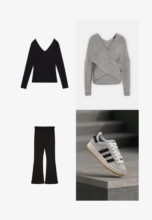 Siva ovitek pulover z globokim V-izrezom, dolgimi rokavi in ribasto teksturo. Narejen iz mehke pletene tkanine z plastnim, asimetričnim dizajnom.; Črna dolga majica z dolgimi rokavi z rebrasto teksturo in globokim V-izrezom, ki ima oprijete rokave in ravno spodnji del. Material je raztegljiv.; Črne flare leggings iz raztegljive tkanine. Imajo širok pas in gladko teksturo, s prilegajočo silhueto, ki se na robu razširi.; Siv Adidas Campus športni copat s črnimi črtami in belimi vezalkami, ki lebdi nad betonskim robom s stopnicami v ozadju.