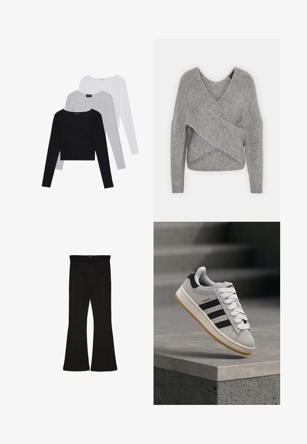 Szary sweter o luźnym kroju z głębokim dekoltem w kształcie litery V, długimi rękawami i prążkowaną teksturą. Wykonany z miękkiego materiału dzianinowego z warstwowym, asymetrycznym wzorem.; Trzy długie bluzki z rękawami w kolorach czarnym, szarym i białym, z dekoltem w kształcie litery V i skróconym fasonem. Wykonane z miękkiego, lekkiego materiału.; Czarne legginsy w stylu dzwonów wykonane z elastycznej tkaniny. Posiadają szeroki pas i gładką teksturę, z dopasowanym krojem, który rozszerza się ku dołowi.; Szary sneaker Adidas Campus z czarnymi paskami i białymi sznurówkami unoszący się nad betonowym murkiem, w tle schody.