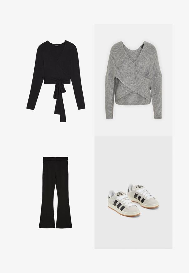 Szary sweter o luźnym kroju z głębokim dekoltem w kształcie litery V, długimi rękawami i prążkowaną teksturą. Wykonany z miękkiego materiału dzianinowego z warstwowym, asymetrycznym wzorem.; Even&Odd - Bluzka z długim rękawem; Czarne legginsy w stylu dzwonów wykonane z elastycznej tkaniny. Posiadają szeroki pas i gładką teksturę, z dopasowanym krojem, który rozszerza się ku dołowi.; Szare zamszowe trampki z białymi sznurówkami, czarnymi paskami i białą gumową podeszwą. Posiadają okrągłe logo na języku oraz gumową podeszwę.