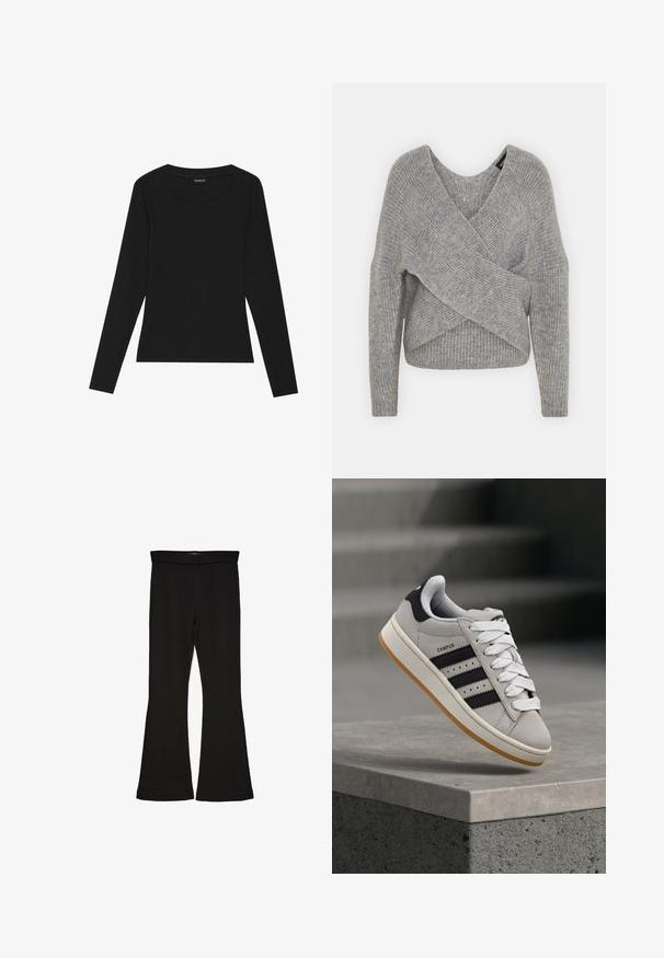 Grå omslagströja med djup V-ringning, långa ärmar och ribbad struktur. Tillverkad av ett mjukt stickat material med en lager-på-lager, asymmetrisk design.; Svart långärmad ribbad topp med rundad halsringning och figurnära silhuett. Tyget har en slät textur och en elastisk kvalitet.; Svarta flare leggings tillverkade av elastisk tyg. Har en bred midja och en slät yta, med en åtsittande silhuett som flares vid fållen.; Grå Adidas Campus-sneaker med svarta ränder och vita skosnören som svävar ovanför en betongkant med trappor i bakgrunden.