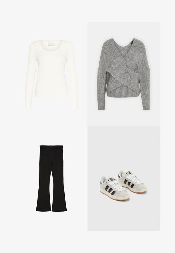 Siva omotana vestica s dubokim V-izrezom, dugim rukavima i rebrastom teksturom. Izrađena od mekog pletenog materijala s slojevitim, asimetričnim dizajnom.; Bijela majica s dugim rukavima od rebraste tkanine, s ovratnikom s valovima i prilagođenim krojem. Oznaka glasi "KAFFE." Glatka tekstura.; Crne hlače na tregere od rastezljivog materijala. Imaju širok pojas i glatku teksturu, s uskim krojem koji se širi na rubu.; Sive suede tenisice s bijelim vezicama, crnim prugama i bijelim gumiranim potplatom. Imaju kružni logo na jeziku i gumeni potplat.