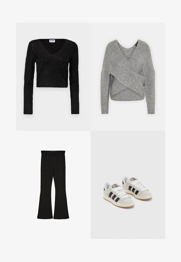 Pelēka apvalka džemperis ar dziļu V veida kakla izgriezumu, garām piedurknēm un ribu tekstūru. Izgatavots no mīksta adījuma materiāla ar slāņotu, asimetrisku dizainu.; Melns garo piedurknu krops tops ar V veida izgriezumu, teksturētu audumu ar rakstu un piegulošu dizainu. Mīksts materiāls ar vieglu spīdumu.; Melnas flared leggings, kas izgatavotas no stiepjama auduma. Iezīmējas ar platu jostasvietu un gludu tekstūru, ar pieguļošu siluetu, kas paplašinās pie apakšmalas.; Pelēkas zamšādas kedas ar baltām saites, melnām svītrām un baltu gumijas zoli. Raksturīga apļa logo uz mēles un gumijas zole.