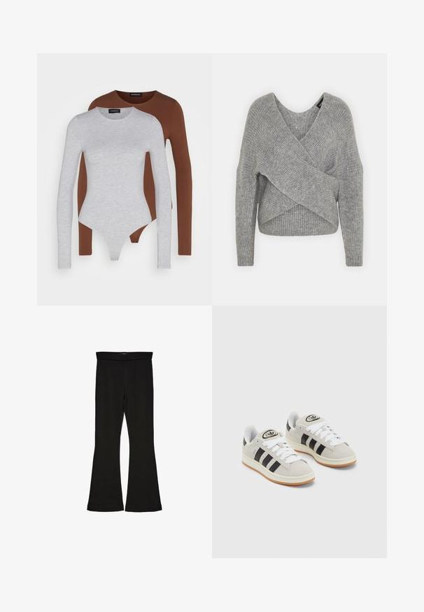 Grau umwickelter Pullover mit tiefem V-Ausschnitt, langen Ärmeln und gerippter Textur. Hergestellt aus einem weichen Strickmaterial mit einem geschichteten, asymmetrischen Design.; Zwei Langarm-Bodysuits: einer grau und einer braun, beide aus glattem Stoff gefertigt. Sie haben Rundhalsausschnitte und eine körpernahe Passform.; Schwarze Schlagleggings aus dehnbarem Stoff. Sie verfügen über einen breiten Bund und eine glatte Textur, mit einer enganliegenden Silhouette, die am Saum ausgestellt ist.; Graue Wildledersneaker mit weißen Schnürsenkeln, schwarzen Streifen und einer weißen Gummisohle. Merkmale sind ein kreisförmiges Logo auf der Zunge und eine Gummisohle.