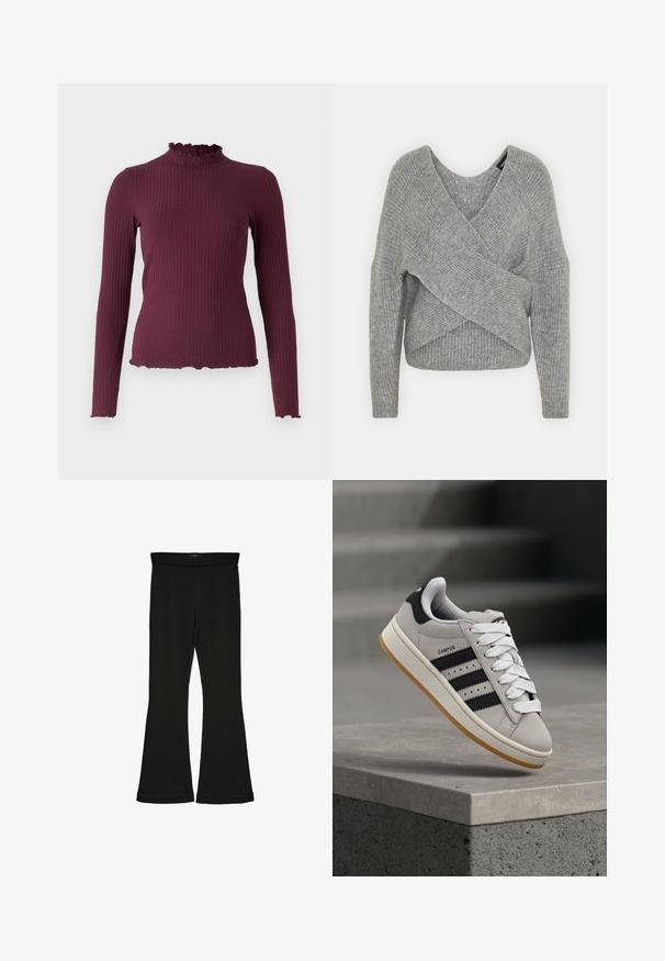 Hallide hallhargus, sügava V-kaelusega, pikkade varrukatega ja ribatrepiga. Valmistatud pehmest kudumismetallist, millel on kihiline, asümmeetriline disain.; Burgundi ribadega pikki varrukatega pluus kõrge, volangilise kaelusega ja toore äärisega. Omab istuvat disaini ja tekstuuriga kangast, mis lisab sügavust.; Mustad mustad sääred, mis on valmistatud venivast kangast. Omab laia vööd ja siledat tekstuuri, sobituv siluett, mis laieneb allservas.; adidas Originals CAMPUS 00S W - Tossud - crystal white/core black/off white