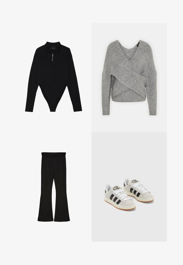 Grau umwickelter Pullover mit tiefem V-Ausschnitt, langen Ärmeln und gerippter Textur. Hergestellt aus einem weichen Strickmaterial mit einem geschichteten, asymmetrischen Design.; Schwarzer Langarm-Body mit hohem Kragen, halbem Reißverschluss und figurbetontem Design mit einem Tanga-Rücken. Glatte Stofftextur.; Schwarze Schlagleggings aus dehnbarem Stoff. Sie verfügen über einen breiten Bund und eine glatte Textur, mit einer enganliegenden Silhouette, die am Saum ausgestellt ist.; Graue Wildledersneaker mit weißen Schnürsenkeln, schwarzen Streifen und einer weißen Gummisohle. Merkmale sind ein kreisförmiges Logo auf der Zunge und eine Gummisohle.