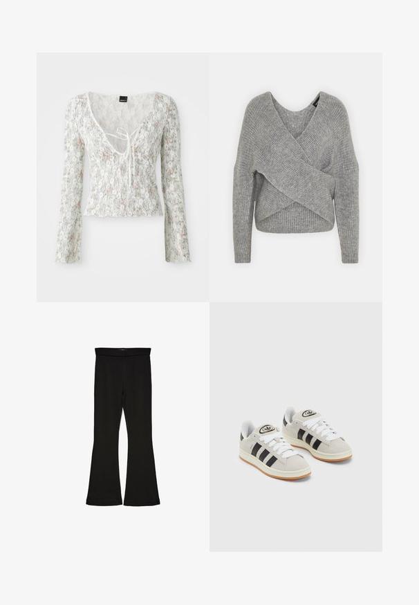 Szary sweter o luźnym kroju z głębokim dekoltem w kształcie litery V, długimi rękawami i prążkowaną teksturą. Wykonany z miękkiego materiału dzianinowego z warstwowym, asymetrycznym wzorem.; Biała koronkowa bluzka z długimi rękawami, kwiatowy wzór w jasnym różu i zieleni, dekolt w serek z detalem wiązania, falbaniasty dół.; Czarne legginsy w stylu dzwonów wykonane z elastycznej tkaniny. Posiadają szeroki pas i gładką teksturę, z dopasowanym krojem, który rozszerza się ku dołowi.; Szare zamszowe trampki z białymi sznurówkami, czarnymi paskami i białą gumową podeszwą. Posiadają okrągłe logo na języku oraz gumową podeszwę.