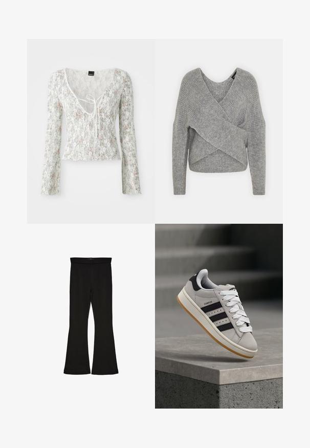 Gray wrap sweater with a deep V-neck, long sleeves, and ribbed texture. Made from a soft knit material with a layered, asymmetrical design.; White lace top with long sleeves, floral pattern in light pink and green, V-neckline with tie detail, scalloped hem.; Black flare leggings made from stretchy fabric. Features a wide waistband and a smooth texture, with a fitted silhouette that flares at the hem.; Gray Adidas Campus sneaker with black stripes and white laces floating above a concrete ledge with stairs in the background.