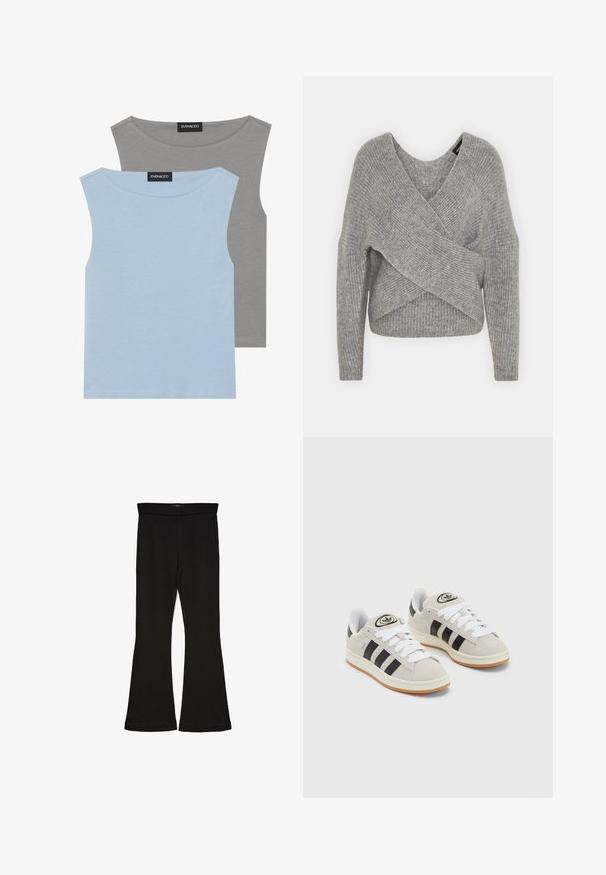 Pullover griș cu un decolteu adânc în V, mâneci lungi și textură cu ochiuri. Fabricat dintr-un material tricotat moale, cu un design stratificat și asimetric.; Două bluze fără mâneci, într-o nuanță de albastru deschis și gri. Fabricate dintr-un material moale, cu decolteu rotund și tiv drept. Eticheta este vizibilă pe ambele bluze.; Leggings negre cu tiv evazat, realizate dintr-un material elastic. Au o talie largă și o textură fină, cu o siluetă ajustată care se lărgește la tiv.; Adidași din suede gri cu șireți albi, dungi negre și talpă din cauciuc alb. Prezintă un logo circular pe limbă și o talpă din cauciuc.