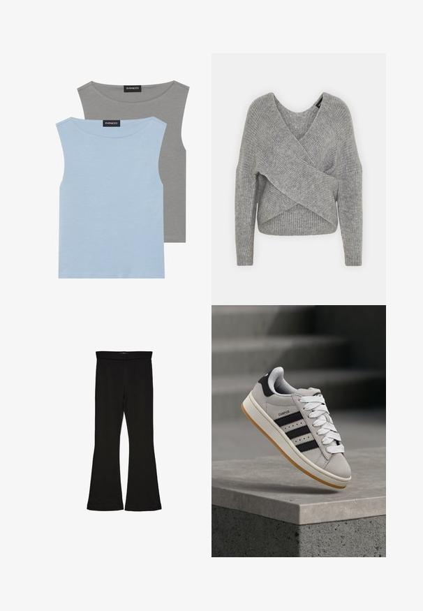 Harmaa neulejakku, jossa on syvä V-kaula-aukko, pitkät hihat ja ribboitu pinta. Valmistettu pehmeästä neuloksesta, jossa on kerroksellinen ja epäsymmetrinen muotoilu.; Kaksi ilman hihoja olevaa puseroa vaaleansinisessä ja harmaassa värissä. Valmistettu pehmeästä kankaasta, jossa on pyöreä pääntie ja suora helma. Tagi näkyvissä kummassakin puserossa.; Mustat leveät legginsit, jotka on valmistettu joustavasta kankaasta. Niissä on leveä vyötärö ja sileä pinta, sekä vartalonmyötäinen leikkaus, joka levenee helmassa.; Harmaa Adidas Campus -tennari mustilla raidoilla ja valkoisilla nauhoilla leijumassa betonikaiteen yläpuolella, taustalla portaat.