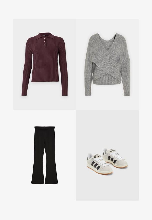Grijze wikkeltrui met een diepe V-hals, lange mouwen en ribbelstructuur. Gemaakt van een zachte gebreide stof met een gelaagd, asymmetrisch ontwerp.; Gestreept poloshirt met lange mouwen in donker bordeauxrood, voorzien van een kleine kraag en drie knopen bij de hals. Zachte textuur met een getailleerde silhouet.; Zwarte flare leggings gemaakt van rekbaar materiaal. Beschikt over een brede tailleband en een zachte textuur, met een getailleerd silhouet dat uitloopt bij de zoom.; Grijze nubucklederen sneakers met witte veters, zwarte strepen en een witte rubberen zool. Bevat een rond logo op de tong en een gumzool.