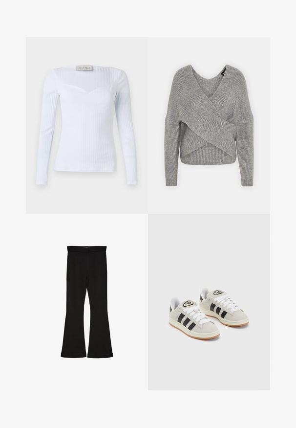 Grijze wikkeltrui met een diepe V-hals, lange mouwen en ribbelstructuur. Gemaakt van een zachte gebreide stof met een gelaagd, asymmetrisch ontwerp.; Witte ribgebreide shirt met lange mouwen en een vierkante halslijn, gemaakt van rekbaar materiaal, met een subtiele textuur en een aansluitend ontwerp.; Zwarte flare leggings gemaakt van rekbaar materiaal. Beschikt over een brede tailleband en een zachte textuur, met een getailleerd silhouet dat uitloopt bij de zoom.; Grijze nubucklederen sneakers met witte veters, zwarte strepen en een witte rubberen zool. Bevat een rond logo op de tong en een gumzool.