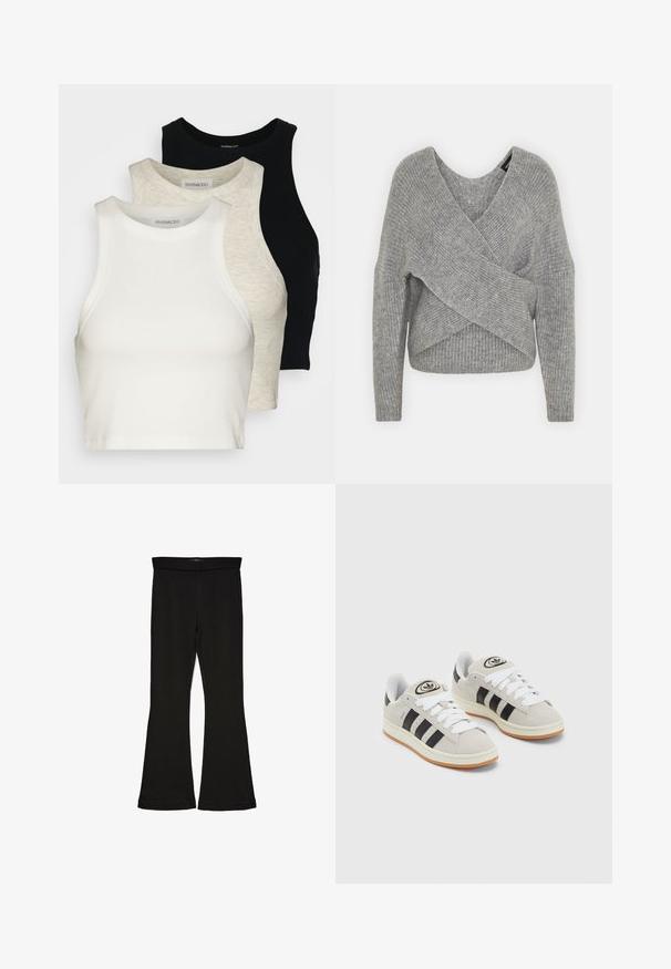 Siva omotana vestica s dubokim V-izrezom, dugim rukavima i rebrastom teksturom. Izrađena od mekog pletenog materijala s slojevitim, asimetričnim dizajnom.; Set od tri kratke majice bez rukava u bijeloj, svijetlosivoj i crnoj boji. Imaju rebrastu teksturu i okrugli izrez. Izrađene su od mekog pamuka.; Crne hlače na tregere od rastezljivog materijala. Imaju širok pojas i glatku teksturu, s uskim krojem koji se širi na rubu.; Sive suede tenisice s bijelim vezicama, crnim prugama i bijelim gumiranim potplatom. Imaju kružni logo na jeziku i gumeni potplat.