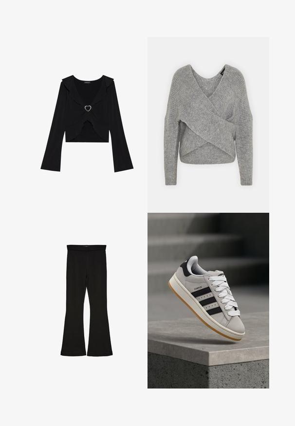 Pelēka apvalka džemperis ar dziļu V veida kakla izgriezumu, garām piedurknēm un ribu tekstūru. Izgatavots no mīksta adījuma materiāla ar slāņotu, asimetrisku dizainu.; Melnas garo piedurkņu blūze ar volāna apkakli un sirds formas metāla akcentu priekšpusē. Mīksta auduma, īsā dizainā un plūstošām piedurknēm.; Melnas flared leggings, kas izgatavotas no stiepjama auduma. Iezīmējas ar platu jostasvietu un gludu tekstūru, ar pieguļošu siluetu, kas paplašinās pie apakšmalas.; adidas Originals CAMPUS 00S W - Sporta apavi - crystal white/core black/off white