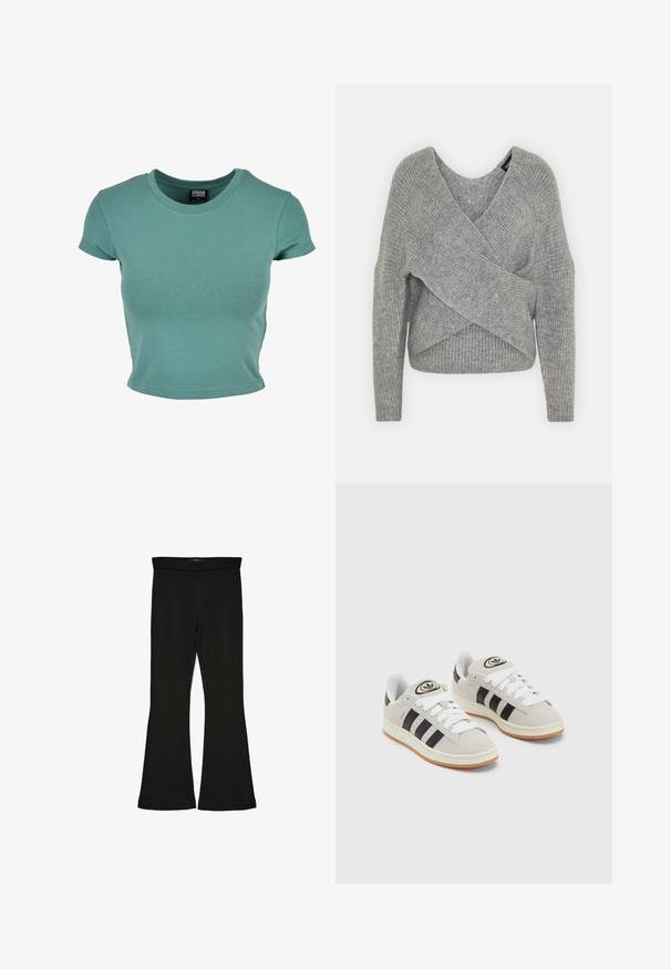 Pelēka apvalka džemperis ar dziļu V veida kakla izgriezumu, garām piedurknēm un ribu tekstūru. Izgatavots no mīksta adījuma materiāla ar slāņotu, asimetrisku dizainu.; Īsām piedurknēm, apaļš kakls t-kreklā košā tilla krāsā, veidots no mīksta kokvilnas materiāla ar pieguļošu dizainu un apstrādātām malām.; Melnas flared leggings, kas izgatavotas no stiepjama auduma. Iezīmējas ar platu jostasvietu un gludu tekstūru, ar pieguļošu siluetu, kas paplašinās pie apakšmalas.; Pelēkas zamšādas kedas ar baltām saites, melnām svītrām un baltu gumijas zoli. Raksturīga apļa logo uz mēles un gumijas zole.