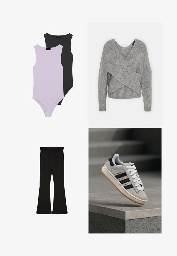 Grå omslagströja med djup V-ringning, långa ärmar och ribbad struktur. Tillverkad av ett mjukt stickat material med en lager-på-lager, asymmetrisk design.; Två ärmlösa bodysuits: en i ljus lavendel, en i mörkgrå. Tillverkade av mjukt tyg med rund halsringning och figurnära passform.; Svarta flare leggings tillverkade av elastisk tyg. Har en bred midja och en slät yta, med en åtsittande silhuett som flares vid fållen.; Grå Adidas Campus-sneaker med svarta ränder och vita skosnören som svävar ovanför en betongkant med trappor i bakgrunden.