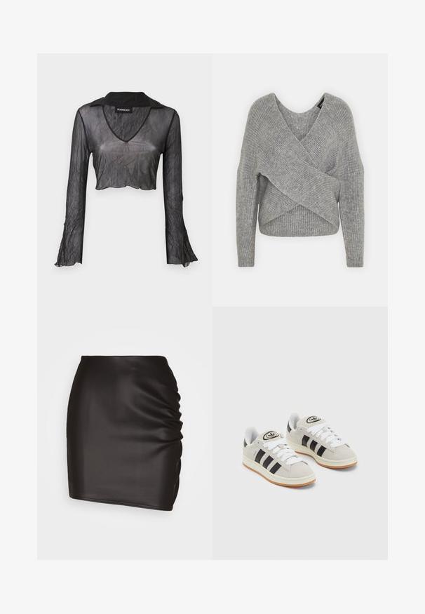Suéter cinza envolvente com um decote em V profundo, mangas longas e textura canelada. Feito de um material de malha suave com um design assimétrico em camadas.; Top cropped preto transparente de mangas longas com decote em V, apresentando uma textura amarrotada e detalhes em renda nas mangas.; Mini saia preta feita de um material sintético suave, com detalhes franzidos de um lado e um silhueta ajustada.; Tênis de camurça cinza com atacadores brancos, riscas pretas e uma sola de borracha branca. Apresenta um logótipo circular na língua e uma sola de borracha.