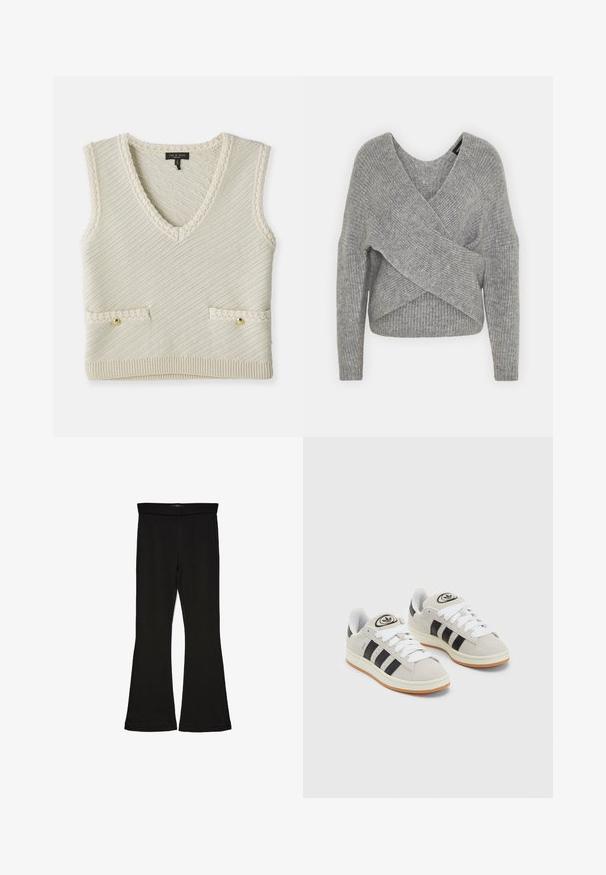Grijze wikkeltrui met een diepe V-hals, lange mouwen en ribbelstructuur. Gemaakt van een zachte gebreide stof met een gelaagd, asymmetrisch ontwerp.; Gebreide mouwloze vest in crème met een V-hals, met diagonale textuur, twee voorzakken met gouden knopen en gebreide trimdetails.; Zwarte flare leggings gemaakt van rekbaar materiaal. Beschikt over een brede tailleband en een zachte textuur, met een getailleerd silhouet dat uitloopt bij de zoom.; Grijze nubucklederen sneakers met witte veters, zwarte strepen en een witte rubberen zool. Bevat een rond logo op de tong en een gumzool.