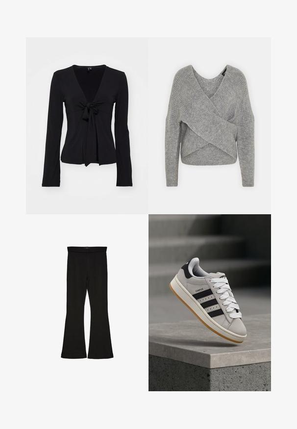 Siva omotana vestica s dubokim V-izrezom, dugim rukavima i rebrastom teksturom. Izrađena od mekog pletenog materijala s slojevitim, asimetričnim dizajnom.; Crna majica dugih rukava s dubokim V-izrezom i detaljem čvora sprijeda, izrađena od glatkog, rastezljivog materijala. Prilagođeni kroj s jednostavnim dizajnom.; Crne hlače na tregere od rastezljivog materijala. Imaju širok pojas i glatku teksturu, s uskim krojem koji se širi na rubu.; Siva Adidas Campus tenisica s crnim prugama i bijelim vezicama lebdi iznad betonskog ruba s ljestvama u pozadini.