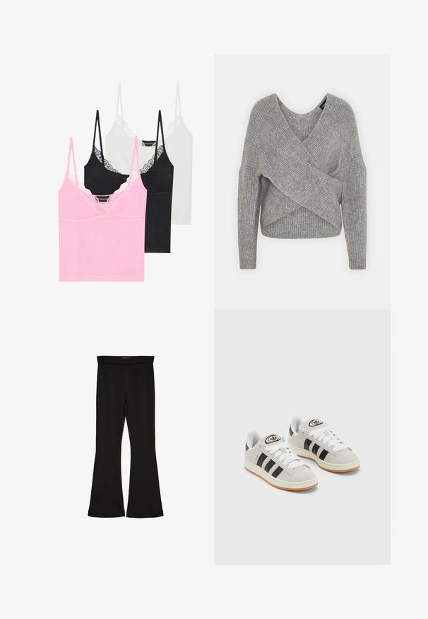 Szary sweter o luźnym kroju z głębokim dekoltem w kształcie litery V, długimi rękawami i prążkowaną teksturą. Wykonany z miękkiego materiału dzianinowego z warstwowym, asymetrycznym wzorem.; Trzy koszulki na ramiączkach w kolorze różowym, czarnym i białym, z koronkowym wykończeniem przy dekolcie, cienkimi regulowanymi ramiączkami oraz gładką fakturą materiału.; Czarne legginsy w stylu dzwonów wykonane z elastycznej tkaniny. Posiadają szeroki pas i gładką teksturę, z dopasowanym krojem, który rozszerza się ku dołowi.; Szare zamszowe trampki z białymi sznurówkami, czarnymi paskami i białą gumową podeszwą. Posiadają okrągłe logo na języku oraz gumową podeszwę.