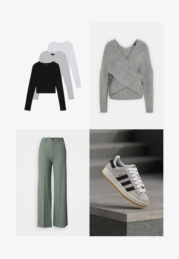 Siva ovitek pulover z globokim V-izrezom, dolgimi rokavi in ribasto teksturo. Narejen iz mehke pletene tkanine z plastnim, asimetričnim dizajnom.; Tri dolga rokava zložena: črna, siva in bela. Vsaka ima okroglo izreznico in skrajšan dizajn z gladkim, lahkotnim materialom.; Široke hlače iz tkanine v umirjeni zeleni barvi, ki imajo sprednje zapiranje na gumb in gladko teksturo. Brez vidnih vzorcev ali poudarkov.; adidas Originals CAMPUS 00S W - Športni copati - crystal white/core black/off white