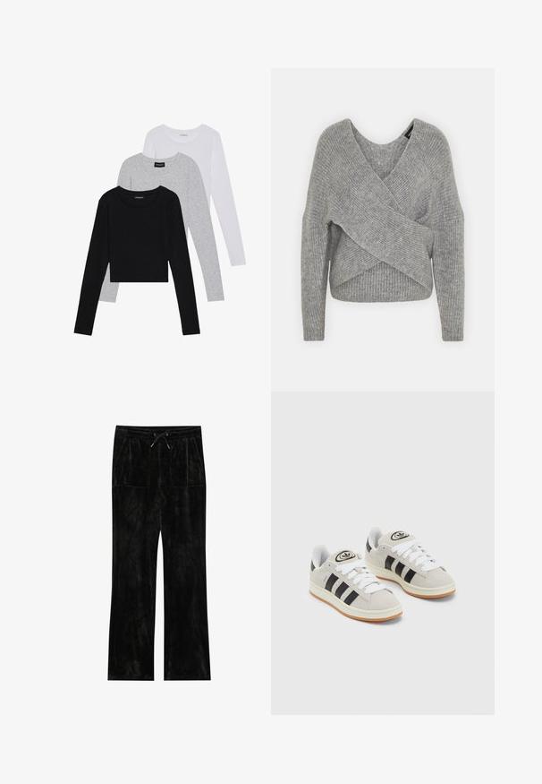 Grijze wikkeltrui met een diepe V-hals, lange mouwen en ribbelstructuur. Gemaakt van een zachte gebreide stof met een gelaagd, asymmetrisch ontwerp.; Drie langmouwige tops gestapeld: zwart, grijs en wit. Elke top heeft een ronde halslijn en een cropped ontwerp van soepel, lichtgewicht materiaal.; Zwarte velours broek met een zachte textuur, wijde pijpen, elastische tailleband, koordsluiting en twee voorzakken.; Grijze nubucklederen sneakers met witte veters, zwarte strepen en een witte rubberen zool. Bevat een rond logo op de tong en een gumzool.