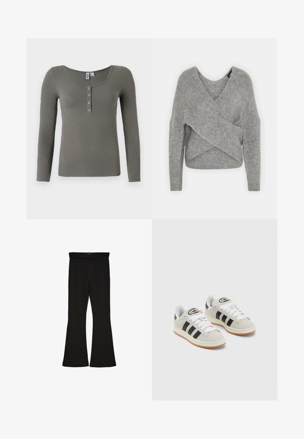 Siva omotana vestica s dubokim V-izrezom, dugim rukavima i rebrastom teksturom. Izrađena od mekog pletenog materijala s slojevitim, asimetričnim dizajnom.; Dugi rukav ribani top u umjerenoj zelenoj boji, s izrezom u obliku uvale i pet metalnih dugmadi s prednje strane.; Crne hlače na tregere od rastezljivog materijala. Imaju širok pojas i glatku teksturu, s uskim krojem koji se širi na rubu.; Sive suede tenisice s bijelim vezicama, crnim prugama i bijelim gumiranim potplatom. Imaju kružni logo na jeziku i gumeni potplat.