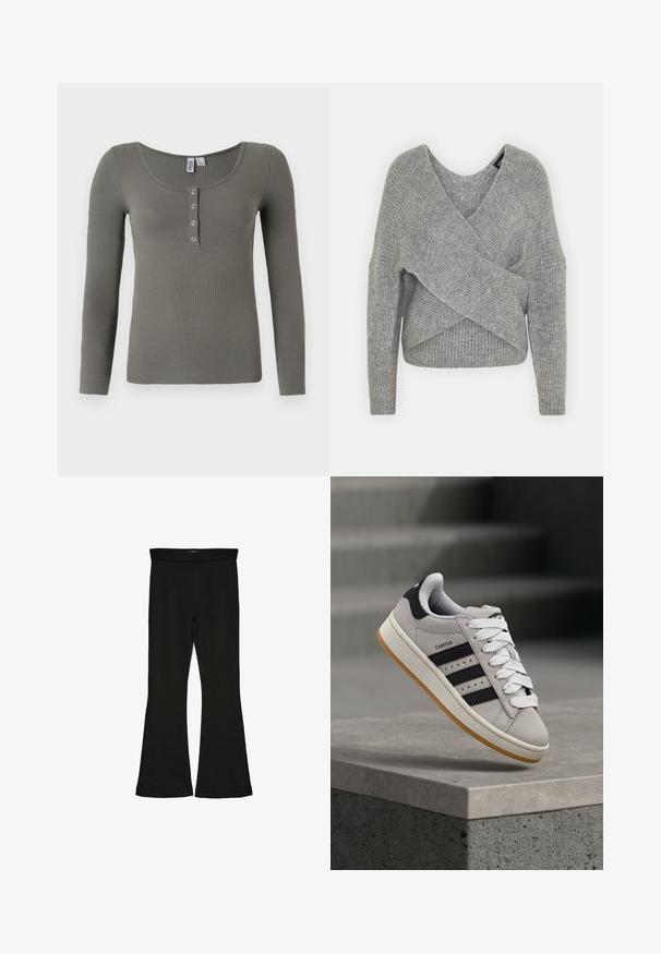 Siva omotana vestica s dubokim V-izrezom, dugim rukavima i rebrastom teksturom. Izrađena od mekog pletenog materijala s slojevitim, asimetričnim dizajnom.; Dugi rukav ribani top u umjerenoj zelenoj boji, s izrezom u obliku uvale i pet metalnih dugmadi s prednje strane.; Crne hlače na tregere od rastezljivog materijala. Imaju širok pojas i glatku teksturu, s uskim krojem koji se širi na rubu.; adidas Originals CAMPUS 00S W - Tenisice - crystal white/core black/off white
