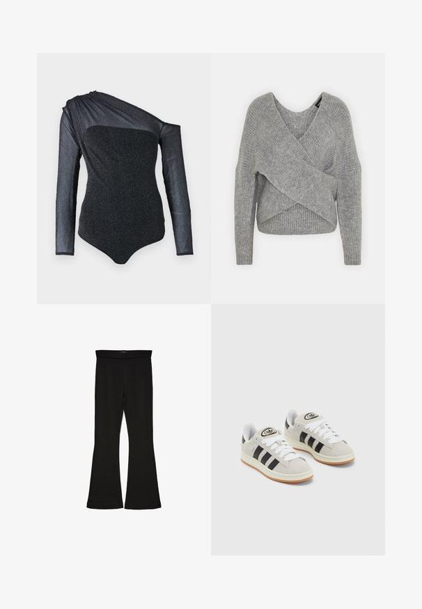 Suéter gris envolvente con un profundo escote en V, mangas largas y textura acanalada. Fabricado con un material de punto suave y un diseño asimétrico en capas.; Bodysuit negro con manga larga y un solo hombro, fabricado en un tejido texturizado con un sutil brillo y un ajuste estilizado. Escote suave y diseño moderno.; Leggings negros de campana hechos de una tela elástica. Con una cinturilla ancha y una textura suave, presentan una silueta ajustada que se ensancha en el dobladillo.; Zapatillas de ante gris con cordones blancos, rayas negras y suela de goma blanca. Presentan un logo circular en la lengüeta y una suela de goma.
