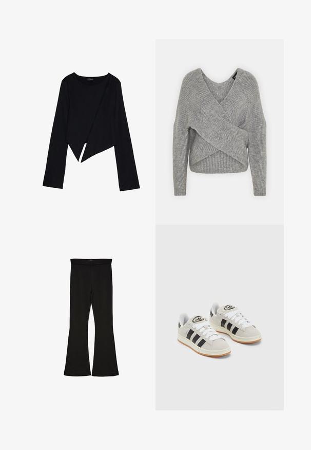 Hallide hallhargus, sügava V-kaelusega, pikkade varrukatega ja ribatrepiga. Valmistatud pehmest kudumismetallist, millel on kihiline, asümmeetriline disain.; Must mustaga pikad varrukad, ümmargune kaelus, asümmeetriline hem ja tekstuurne kangas. Disainil on ainulaadne drapeeritud esikülg.; Mustad mustad sääred, mis on valmistatud venivast kangast. Omab laia vööd ja siledat tekstuuri, sobituv siluett, mis laieneb allservas.; Hallid hallid nahkrennid valgete paeltega, mustade triipudega ja valge kummitaldiga. Omab ümmargust logo keeles ja kummitalda.