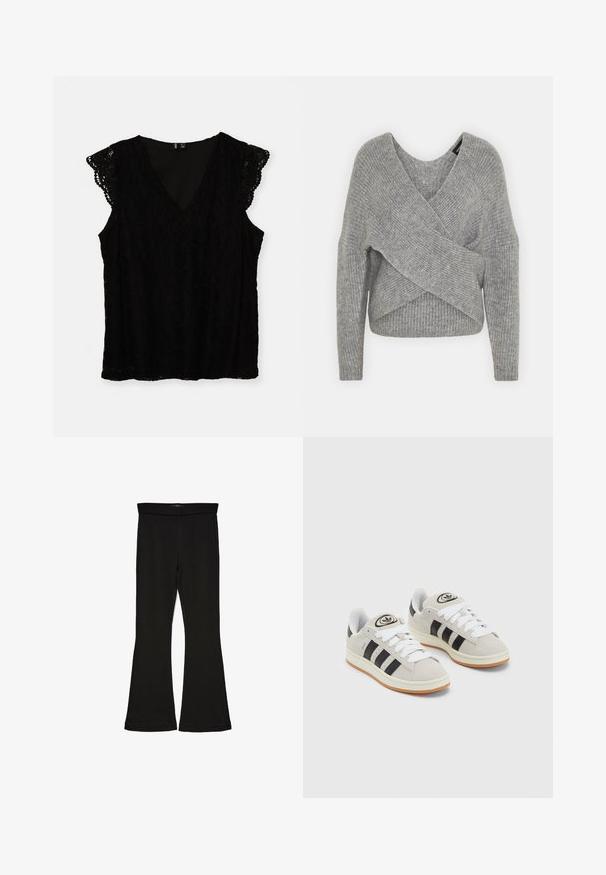 Pilkas aptraukiamas megztinis su giliu V formos iškirpimu, ilgomis rankovėmis ir riešutiniu tekstūru. Pagamintas iš minkštos megztos medžiagos su sluoksniuota, asimetrine konstrukcija.; Juodas nėriniuotas viršus su V formos iškirpte ir trumpomis rankovėmis, apipjaustytomis banguota linija. Minkšta tekstūra su gėlių raštu visame paviršiuje.; Juodos flared tipo legginsai, pagaminti iš tamprios medžiagos. Yra platus juosmuo ir lygus paviršius, su prie kūno priglundančiu siluetu, kuris pločiasi ties apatine dalimi.; Grynos zomšos sneakeriai su baltais raišteliais, juodomis juostelėmis ir balta gumine sole. Turintys apskritą logotipą ant liežuvėlio ir guminę sole.