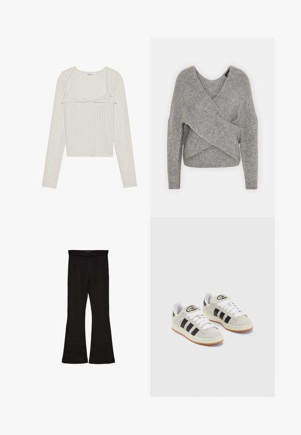 Maglione avvolgente grigio con scollatura a V profonda, maniche lunghe e texture a coste. Realizzato in un morbido materiale in maglia con un design asimmetrico a strati.; Maglia a maniche lunghe beige chiaro con texture a costine. Presenta un bordo in pizzo e un design corto, con scollatura rotonda e maniche aderenti.; Leggings a zampa nera realizzati in un tessuto elasticizzato. Presentano una vita alta e una superficie liscia, con una silhouette aderente che si ampia all'orlo.; Sneakers in suede grigio con lacci bianchi, strisce nere e suola in gomma bianca. Presentano un logo circolare sulla linguetta e una suola in gomma.