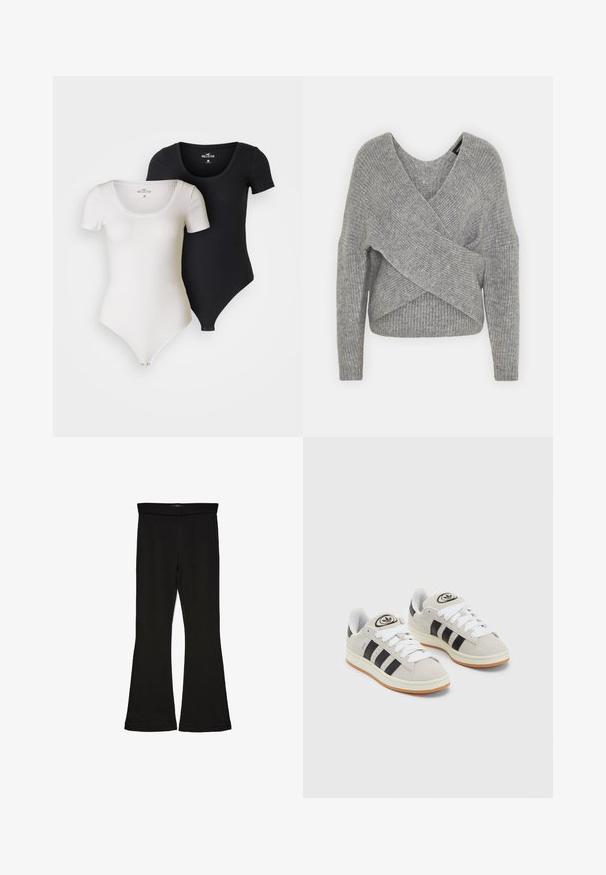 Suéter cinza envolvente com um decote em V profundo, mangas longas e textura canelada. Feito de um material de malha suave com um design assimétrico em camadas.; Duas bodysuits com nervuras em branco e preto. Apresentam um decote redondo, mangas curtas e fecho de pressão na parte inferior. Tecido elástico.; Leggings pretos em flare feitos de um tecido elástico. Apresentam uma cintura larga e uma textura suave, com um silhueta ajustada que se alarga na bainha.; Tênis de camurça cinza com atacadores brancos, riscas pretas e uma sola de borracha branca. Apresenta um logótipo circular na língua e uma sola de borracha.