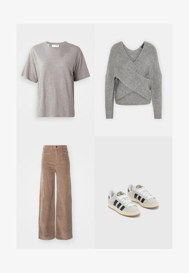 Siva ovitek pulover z globokim V-izrezom, dolgimi rokavi in ribasto teksturo. Narejen iz mehke pletene tkanine z plastnim, asimetričnim dizajnom.; Svetlo siva majica s kratkimi rokavi, narejena iz mehkega materiala, s krožnim ovratnikom in sproščenim krojem, brez izrazitih vzorcev ali poudarkov.; ONLY HOPE GLOBAL HW EBBA POCKETS - Hlače - fossil; Sive športne čevlje iz semiša z belimi vezalkami, črnimi črtami in belim gumijastim podplatom. Imajo okroglo oznako na ježku in podplat iz gume.