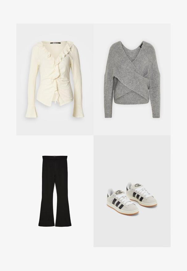 Grå indpakningssweater med dyb V-udskæring, lange ærmer og ribbet tekstur. Fremstillet i et blødt strikkemateriale med et lagdelt, asymmetrisk design.; Cremefarvet bluse med lange ærmer, V-halsudskæring, rynket kant, samlede sider og klokkeformede ærmer. Fremstillet af letvægts, struktureret stof.; Sorte flared leggings lavet af strækbart stof. Har en bred talje og en glat tekstur, med en tætsiddende silhuet der bredder sig ved sømmen.; Grå ruskinds sneakers med hvide snørebånd, sorte striber og en hvid gummisål. Har et rundt logo på tungen og en gummisål.