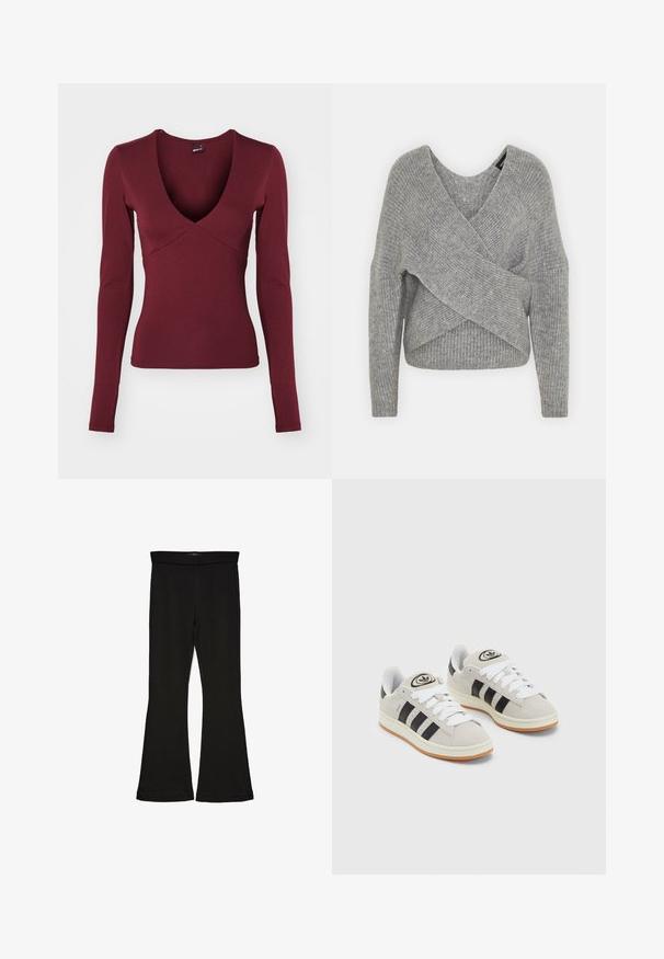 Szürke, mély V kivágású, hosszú ujjú kötött pulóver, bordás textúrával. Puha kötött anyagból készült, réteges, aszimmetrikus dizájnnal.; Burgundy színű, hosszú ujjú felső, mély V kivágással és testhezálló fazonnal, puha, rugalmas anyagból készült, mellrészen varrási részletekkel.; Fekete trapéz leggings rugalmas anyagból készült. Széles derékpánttal és sima textúrával rendelkezik, illeszkedő sziluettje van, amely a szegélyen kigyullad.; Szürke velúr sportcipők fehér fűzővel, fekete csíkokkal és fehér gumitalppal. A nyelvén kör alakú logó található, illetve a talpa színes gumi.
