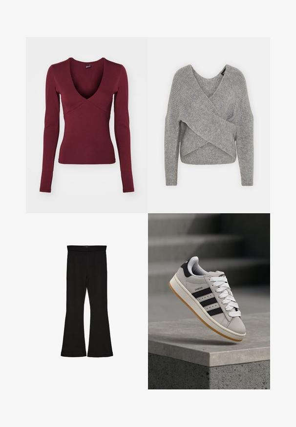 Harmaa neulejakku, jossa on syvä V-kaula-aukko, pitkät hihat ja ribboitu pinta. Valmistettu pehmeästä neuloksesta, jossa on kerroksellinen ja epäsymmetrinen muotoilu.; Burgundin pitkähihaiset paita, jossa on syvä V-kaula-aukko ja tiukka muotoilu, valmistettu pehmeästä, joustavasta kankaasta, ja siinä on sauman yksityiskohtia rinnassa.; Mustat leveät legginsit, jotka on valmistettu joustavasta kankaasta. Niissä on leveä vyötärö ja sileä pinta, sekä vartalonmyötäinen leikkaus, joka levenee helmassa.; Harmaa Adidas Campus -tennari mustilla raidoilla ja valkoisilla nauhoilla leijumassa betonikaiteen yläpuolella, taustalla portaat.